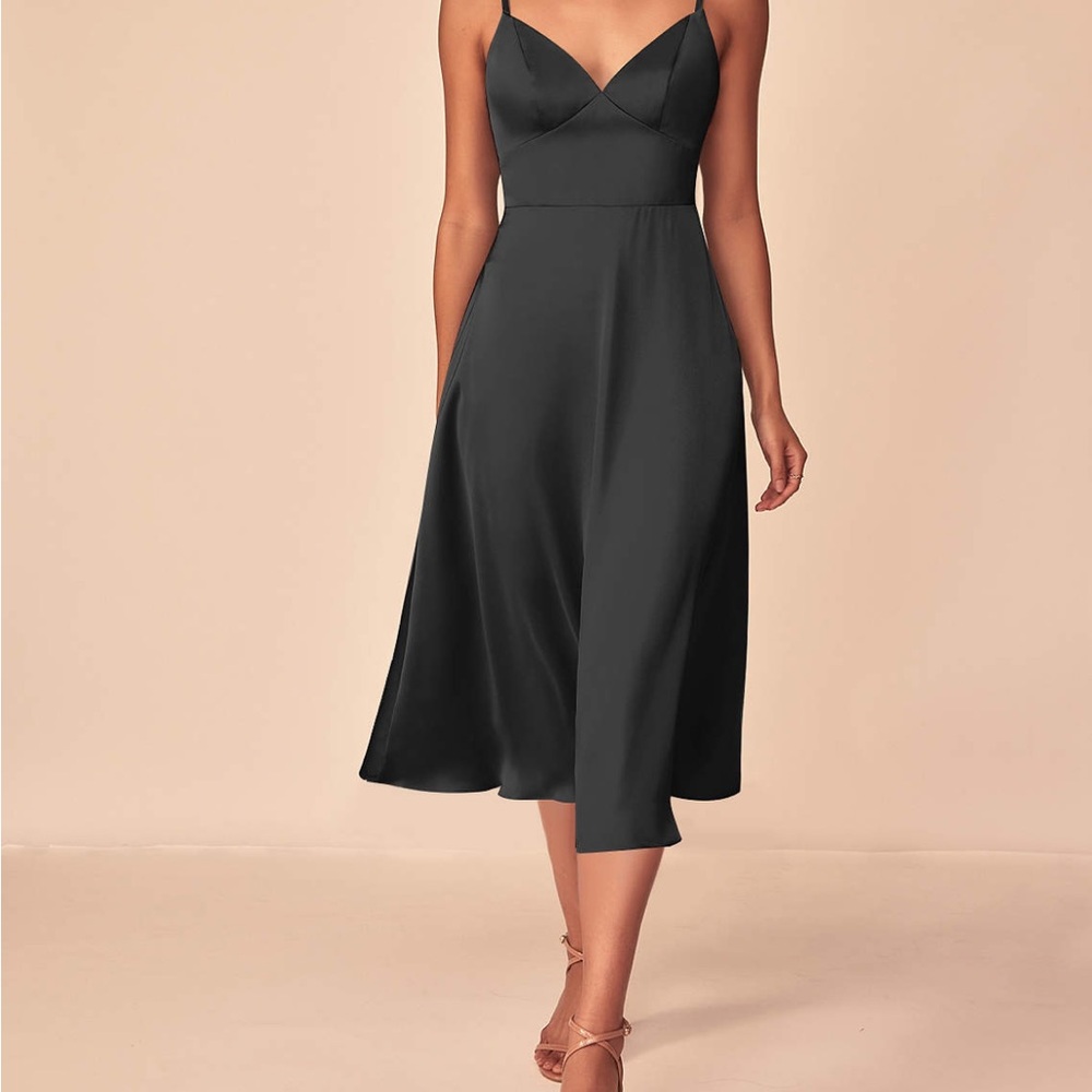 Azazie Dottie Stretch Black Satin Bridesmaid Dress sz16 worn x1-added bras cups